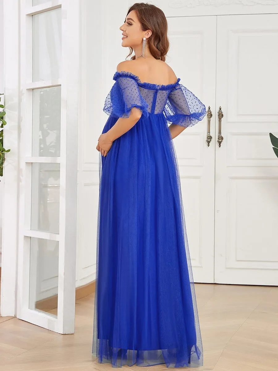 Short Balloon Sleeve Sheer Polka Dot A-Line Maternity Dress