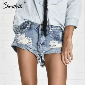 Simplee Apparel 50's Vintage ripped hole fringe blue denim shorts women.