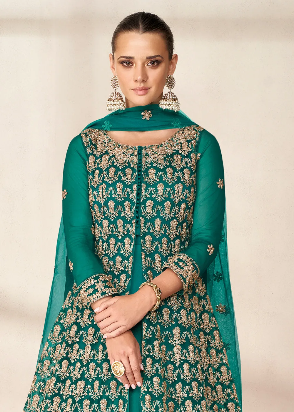 Slit Style Teal Green Embordered Festive Party Anarkali