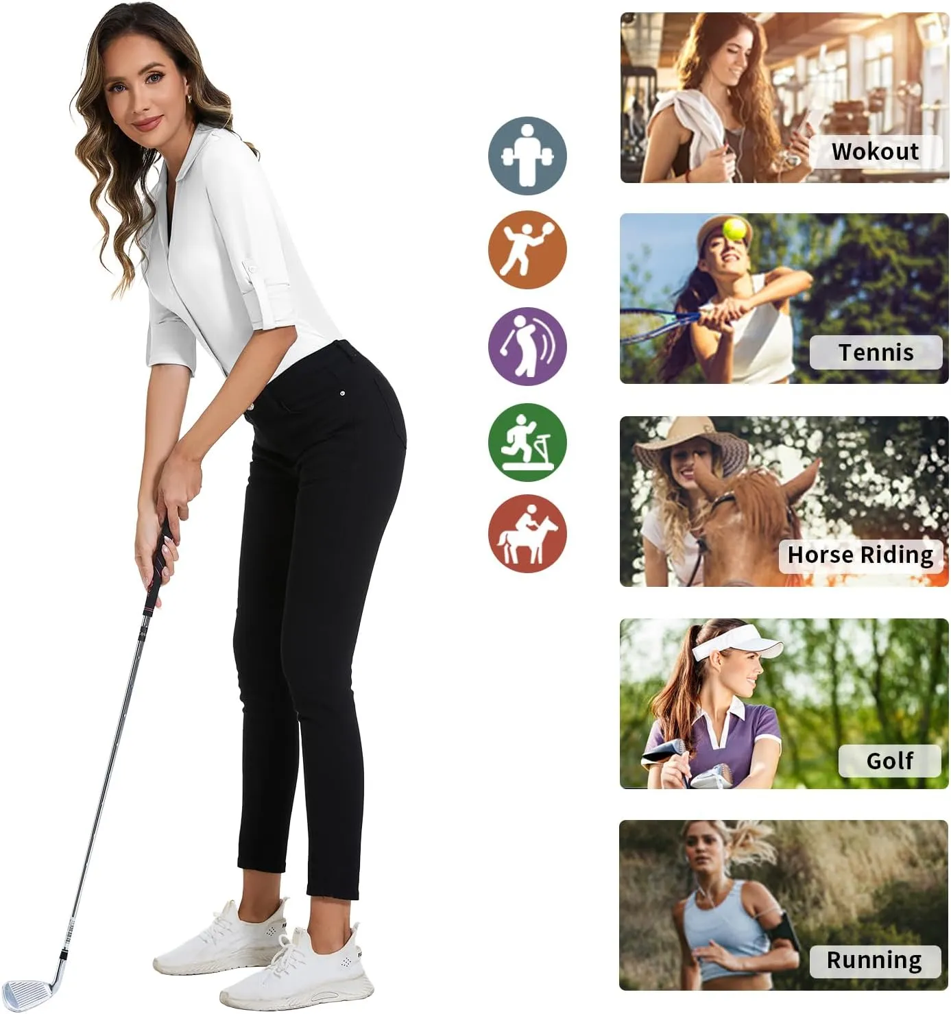 Soneven Womens 3/4 Roll Sleeve Golf Polo Shirts V Neck Long Sleeve Button Up Shirts Business Casual Tops Work Blouses