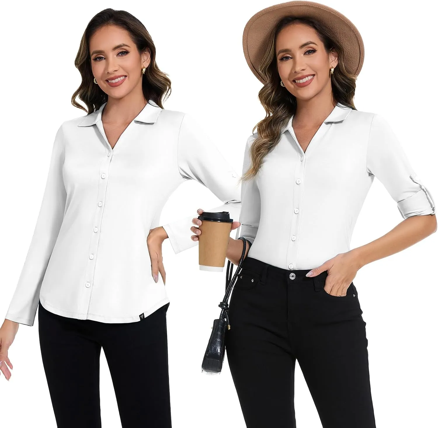 Soneven Womens 3/4 Roll Sleeve Golf Polo Shirts V Neck Long Sleeve Button Up Shirts Business Casual Tops Work Blouses