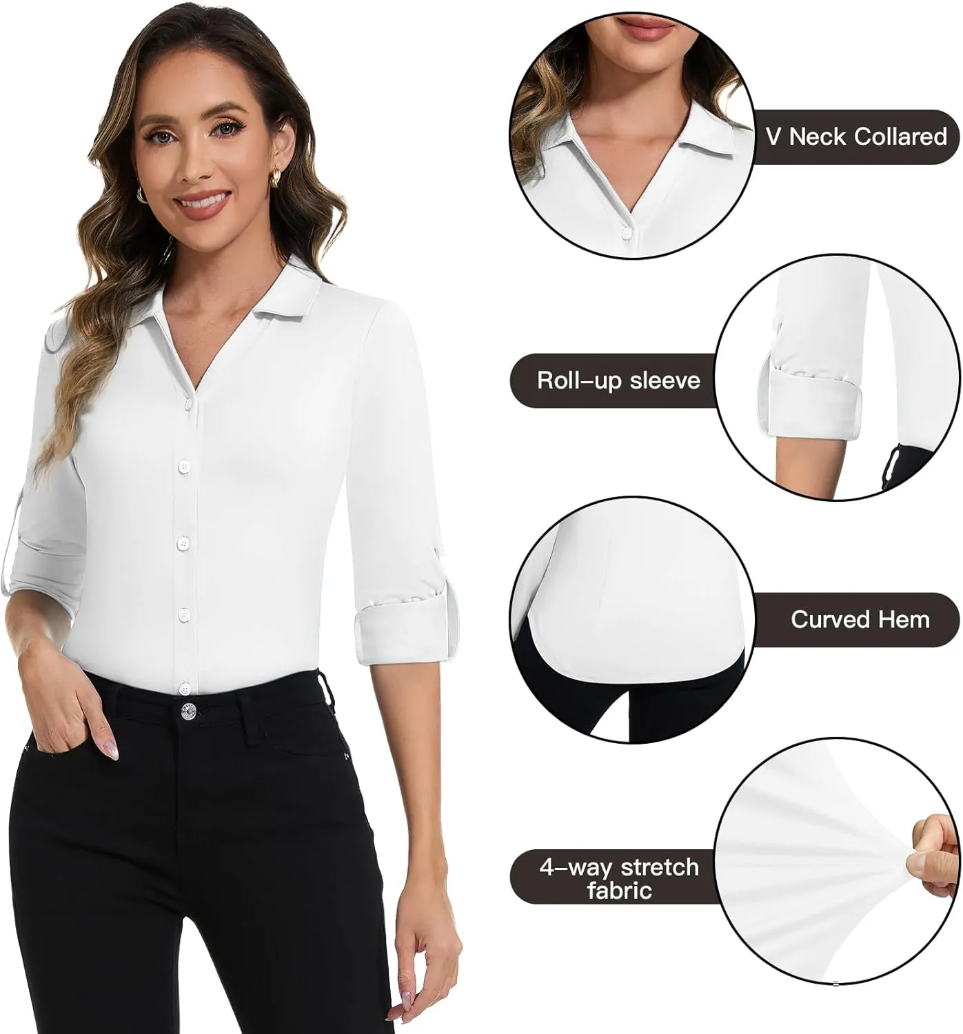 Soneven Womens 3/4 Roll Sleeve Golf Polo Shirts V Neck Long Sleeve Button Up Shirts Business Casual Tops Work Blouses