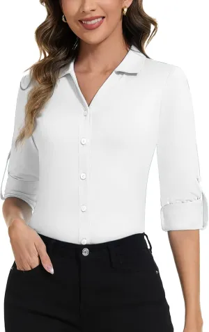 Soneven Womens 3/4 Roll Sleeve Golf Polo Shirts V Neck Long Sleeve Button Up Shirts Business Casual Tops Work Blouses