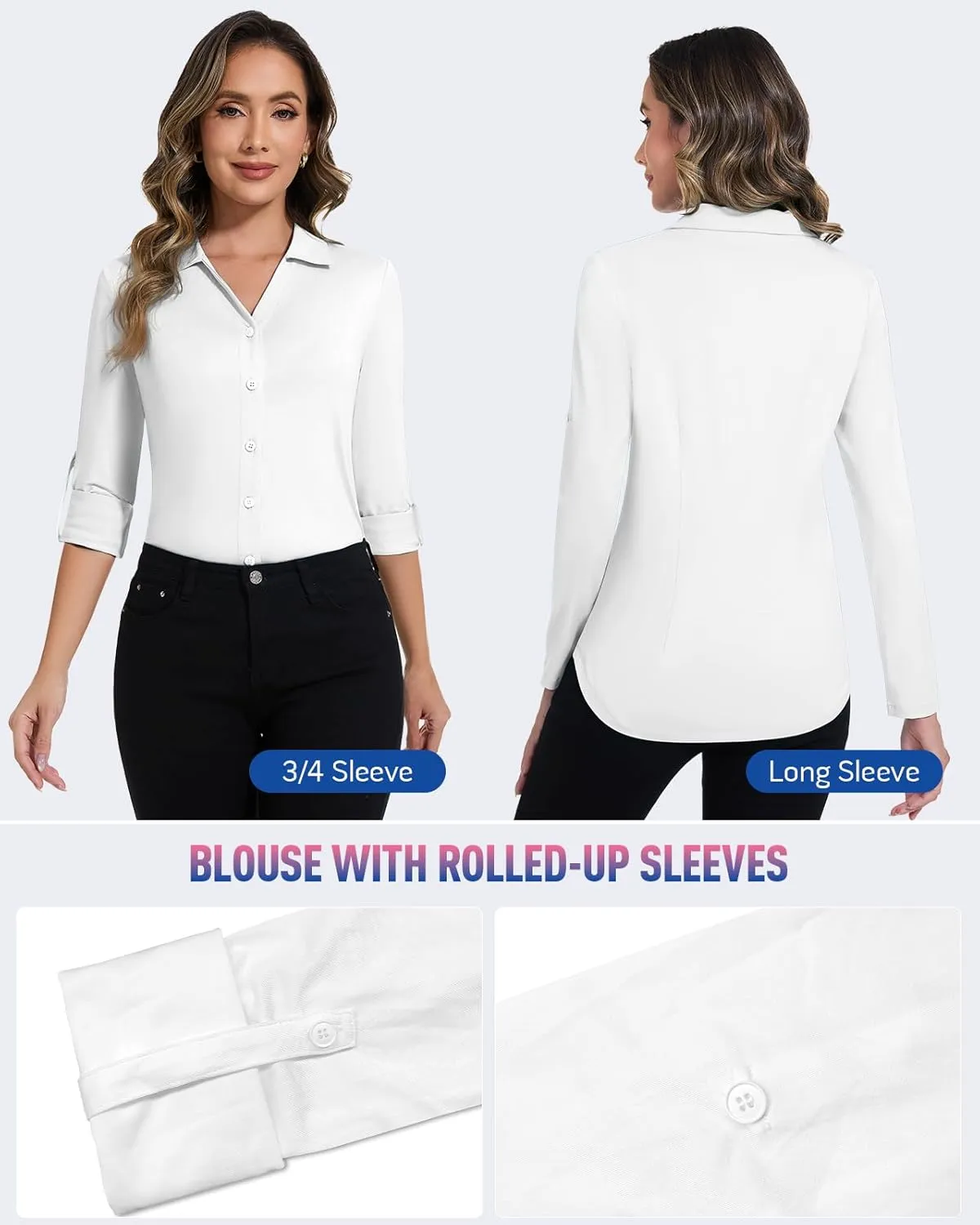 Soneven Womens 3/4 Roll Sleeve Golf Polo Shirts V Neck Long Sleeve Button Up Shirts Business Casual Tops Work Blouses