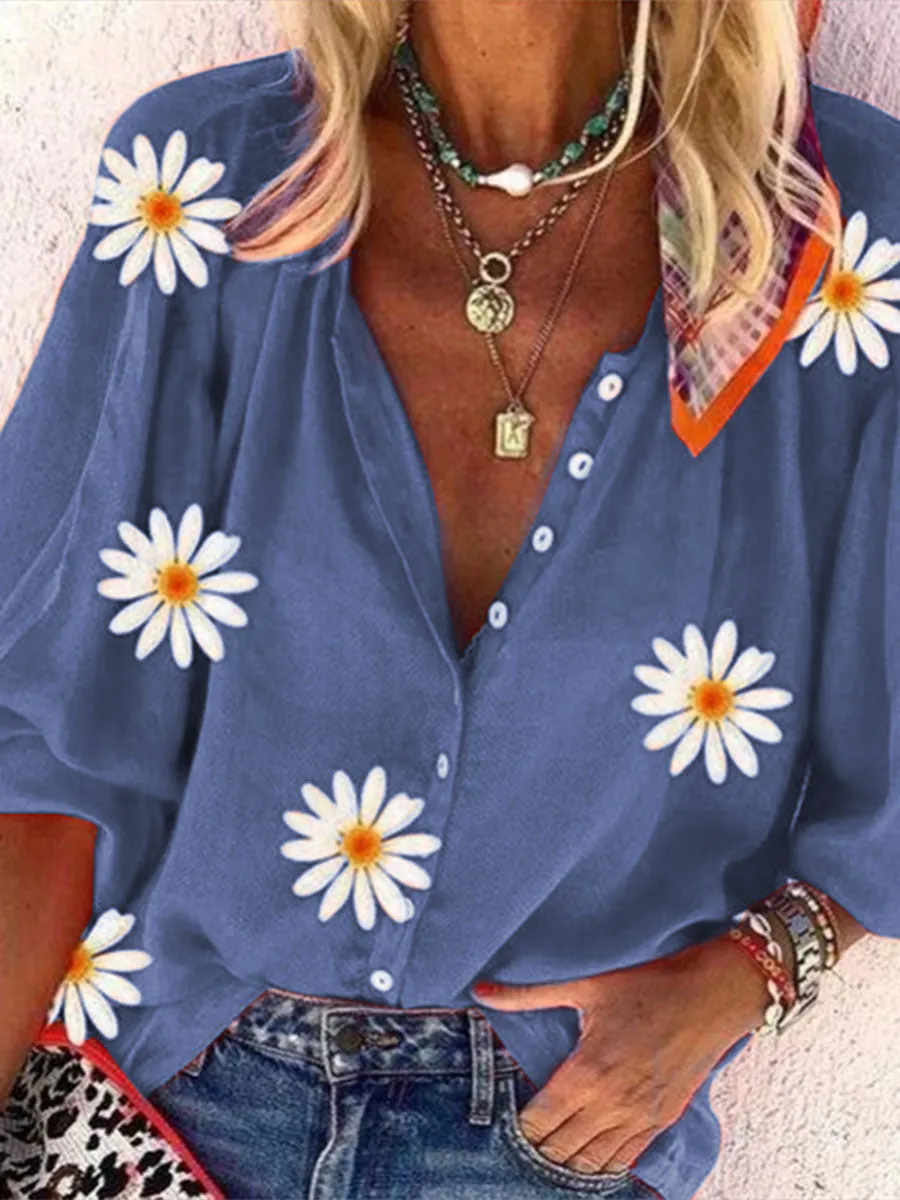 Stylish Casual Loose Floral Print Lapel Top