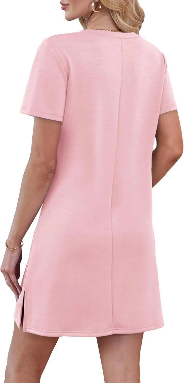 Summer Casual Dresses for Women 2025 Mini Vacation Dress V-Neck Short Sleeve Split Hem Beach Sundress