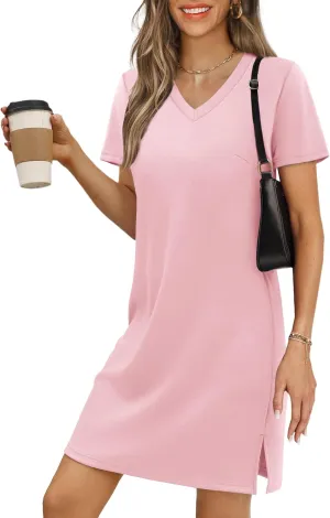 Summer Casual Dresses for Women 2025 Mini Vacation Dress V-Neck Short Sleeve Split Hem Beach Sundress