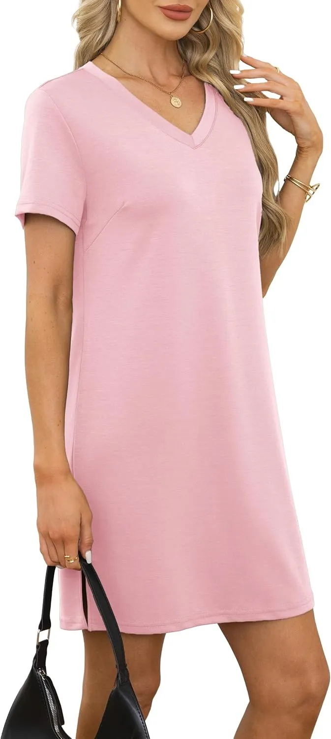 Summer Casual Dresses for Women 2025 Mini Vacation Dress V-Neck Short Sleeve Split Hem Beach Sundress