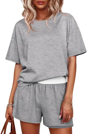 Tankaneo Womens Short Sets 2 Piece Summer Vacation Outfits Short Sleeve T-shirts Elastic Waist Shorts Matching Set