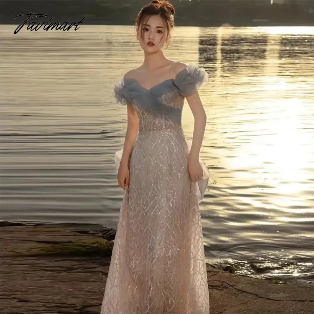 TAVIMART -  Temperament Celebrity Dresses Haze Blue Off Shoulder Sweetheart Sequins Beading A-line Trail Formal Party Prom Evening Gowns New