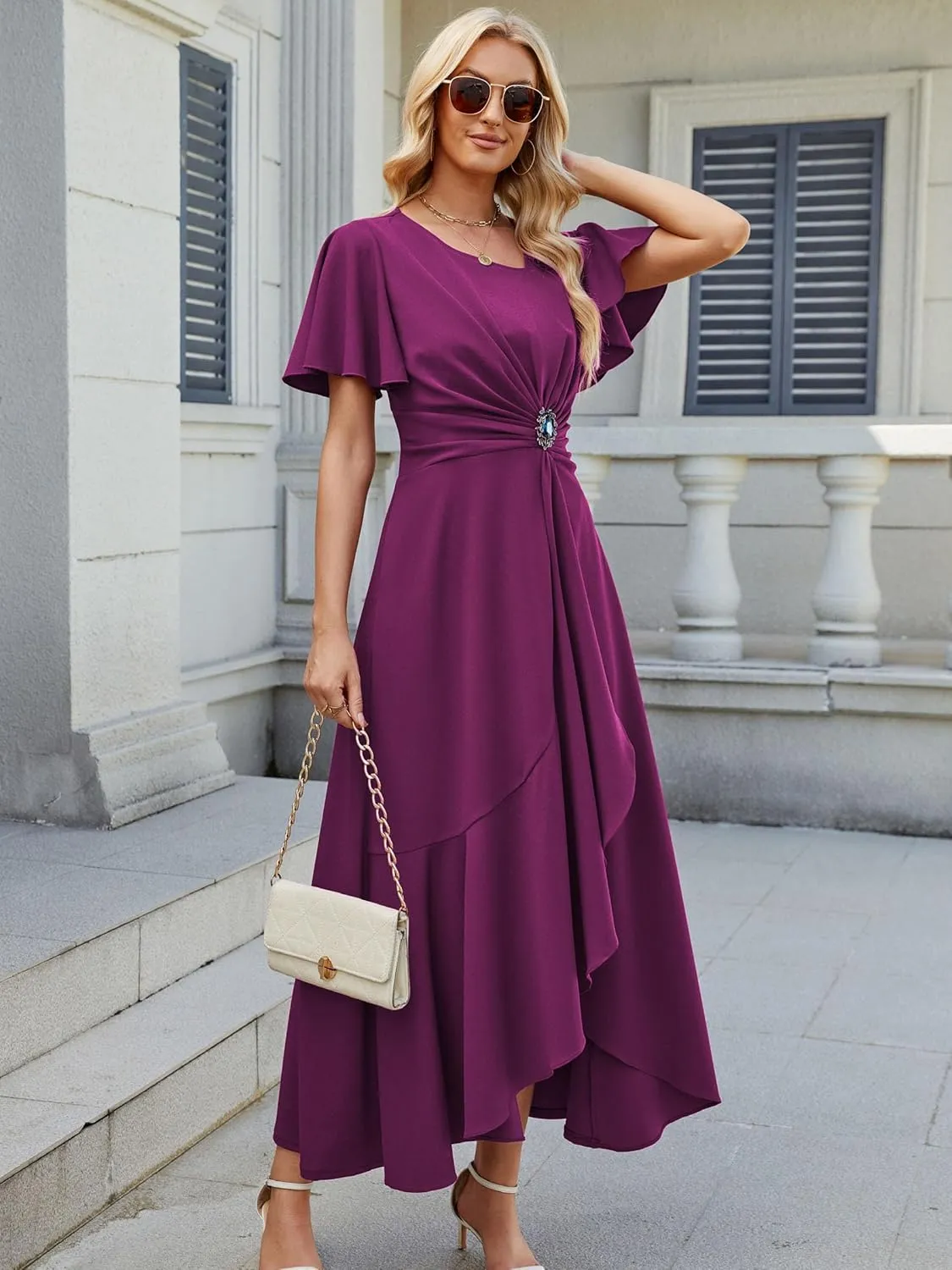 Wedding Guest Dresses for Women Have Pockets Cocktail Dress Ruffle Sleeve A Line Evening Party Formal Dresses for Women
