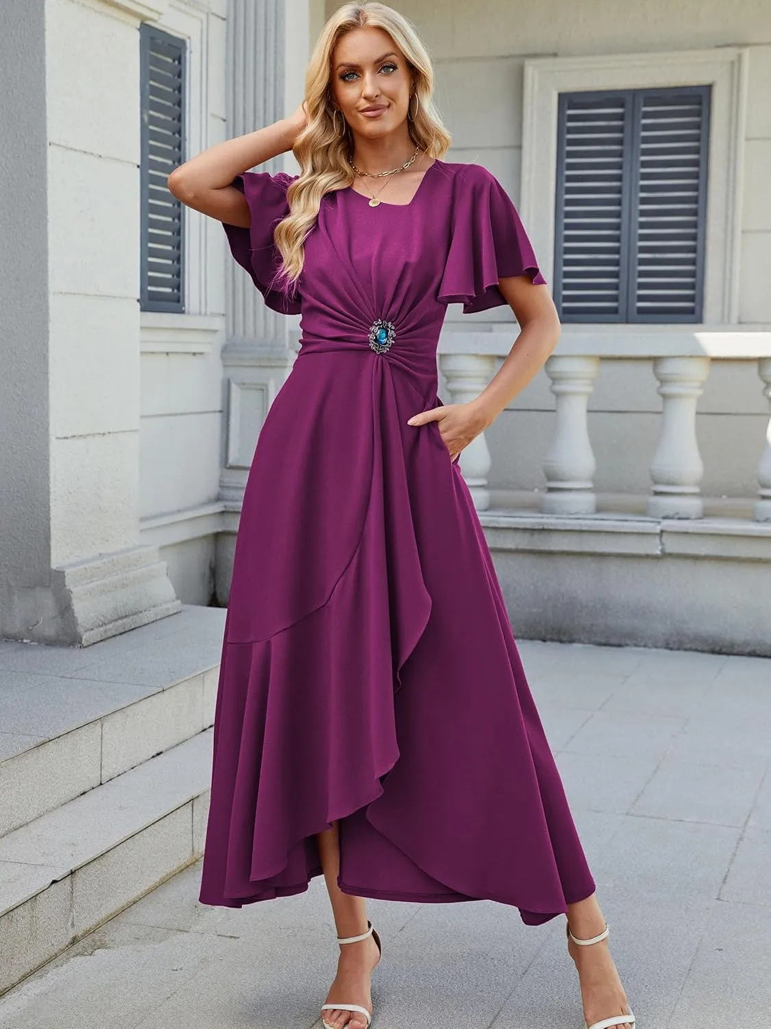 Wedding Guest Dresses for Women Have Pockets Cocktail Dress Ruffle Sleeve A Line Evening Party Formal Dresses for Women