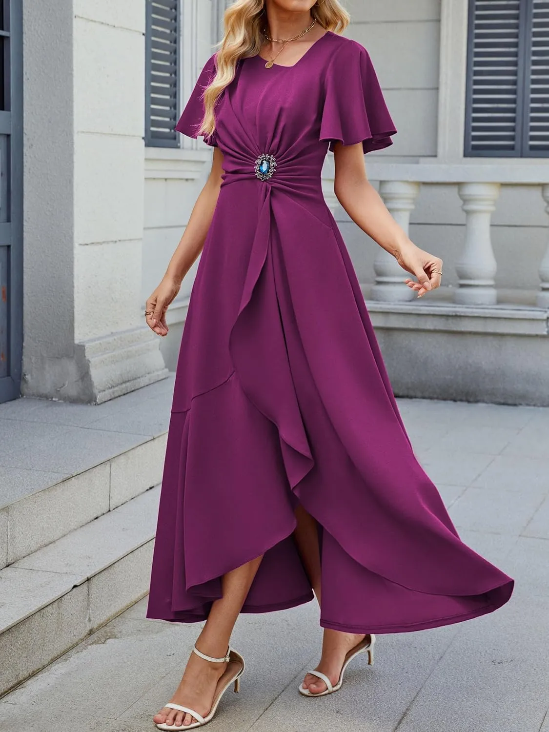 Wedding Guest Dresses for Women Have Pockets Cocktail Dress Ruffle Sleeve A Line Evening Party Formal Dresses for Women