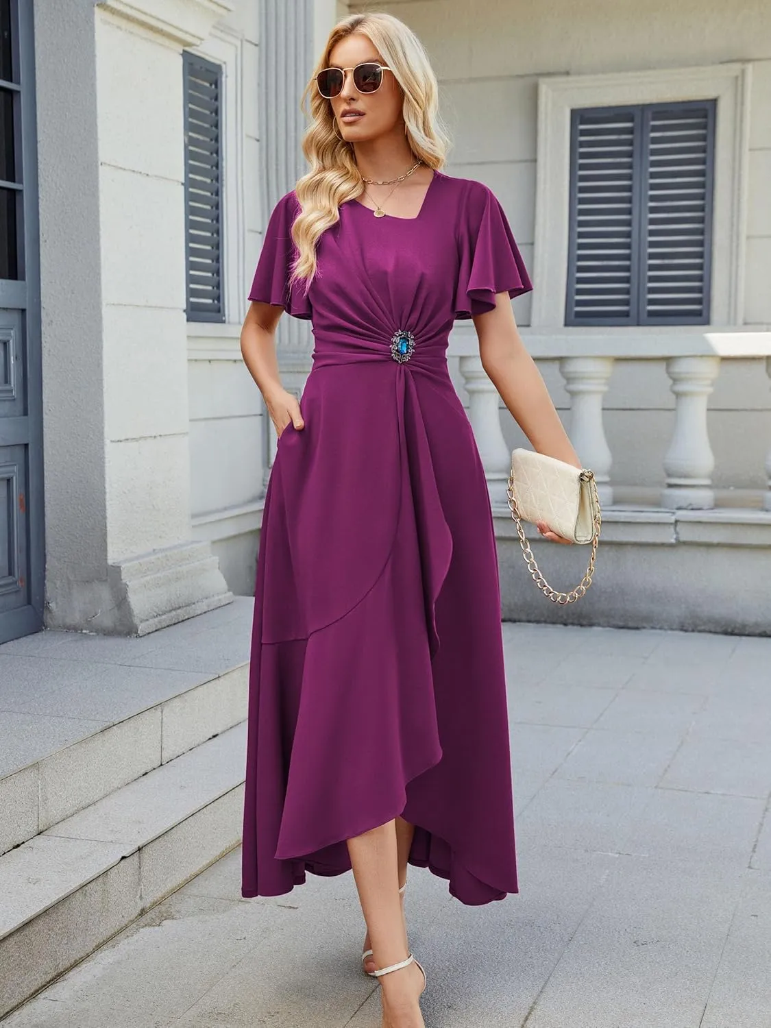 Wedding Guest Dresses for Women Have Pockets Cocktail Dress Ruffle Sleeve A Line Evening Party Formal Dresses for Women