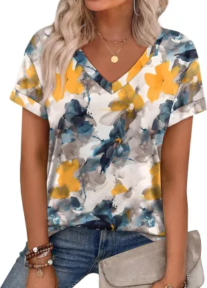 WEESO Womens T Shirts Short Sleeve Summer Tops Cute V Neck Casual Blouses