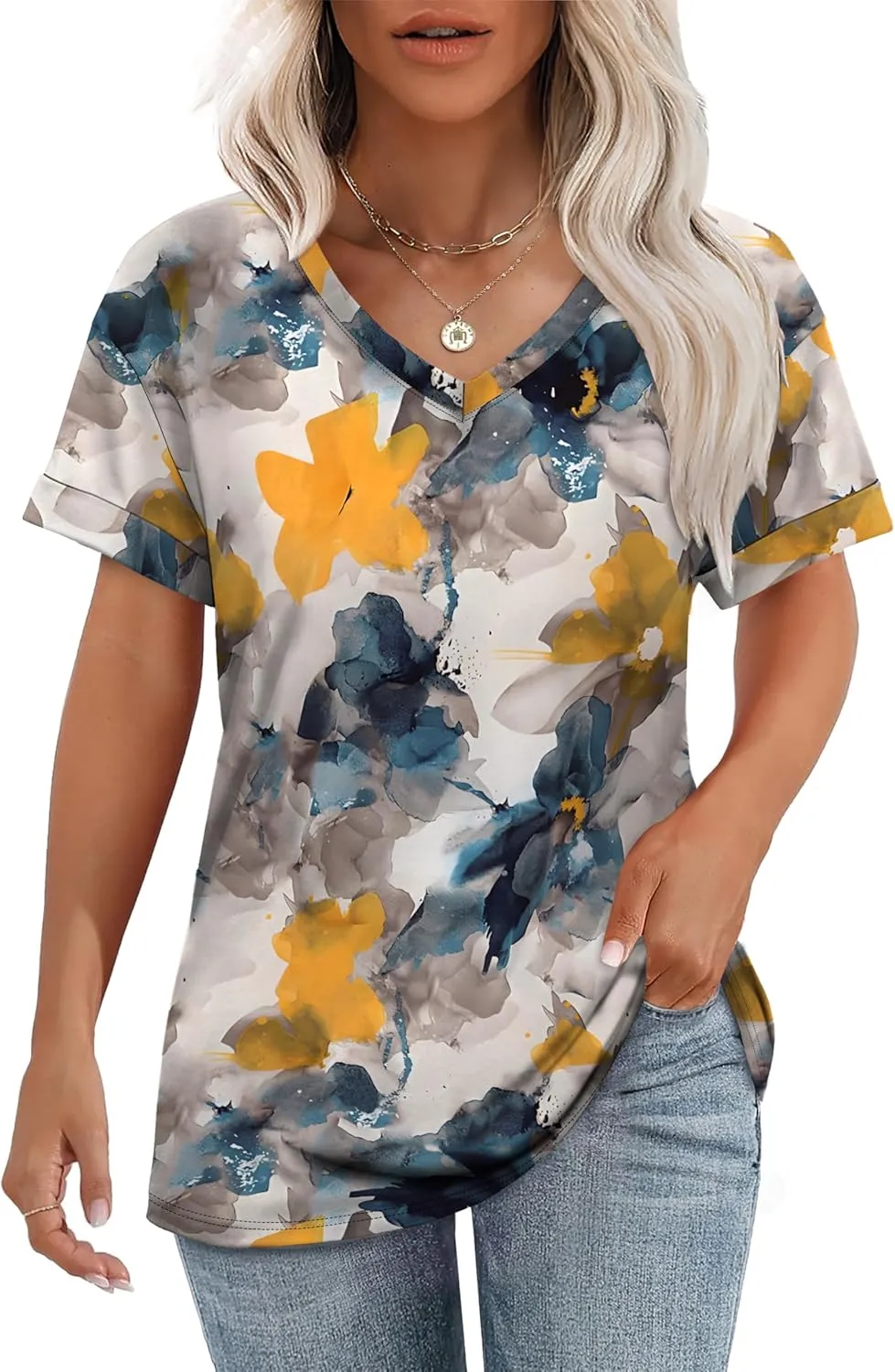WEESO Womens T Shirts Short Sleeve Summer Tops Cute V Neck Casual Blouses