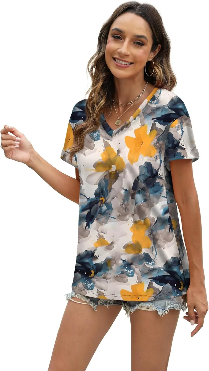 WEESO Womens T Shirts Short Sleeve Summer Tops Cute V Neck Casual Blouses