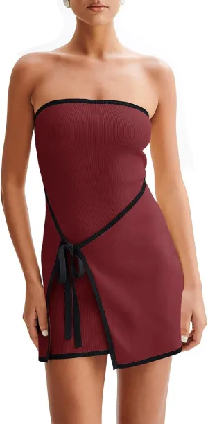 Wenrine Womens Sexy Tube Top Dress Strapless Self Tie Wrap Asymmetrical Hem Knit Summer Party Mini Dresses