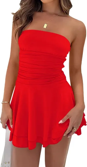 Women 2025 Summer Strapless Tube Dress Sexy Off Shoulder Ruffle Tiered Flowy Mini Dresses Vacation Outfits
