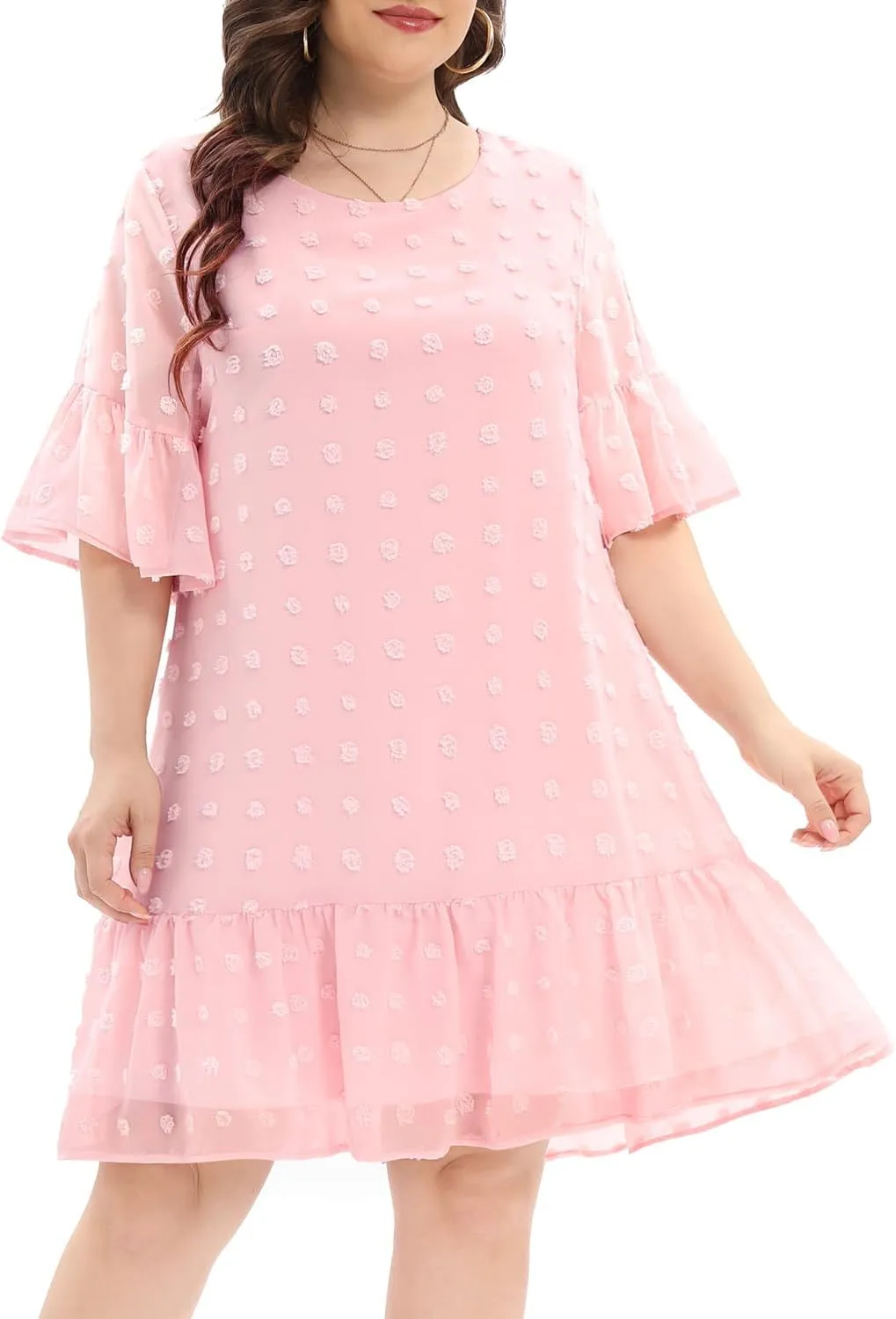Women's Plus Size Swiss Dot Short Sleeve Ruffle Cute Summer Chiffon Loose Flowy Shift Mini Dress