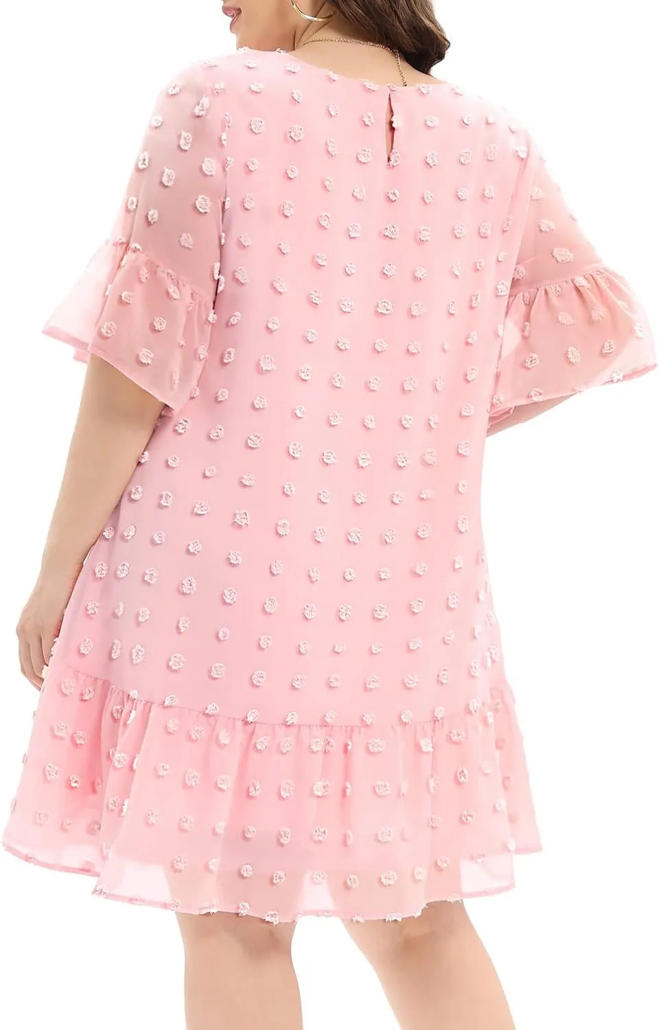 Women's Plus Size Swiss Dot Short Sleeve Ruffle Cute Summer Chiffon Loose Flowy Shift Mini Dress