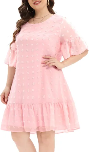 Women's Plus Size Swiss Dot Short Sleeve Ruffle Cute Summer Chiffon Loose Flowy Shift Mini Dress