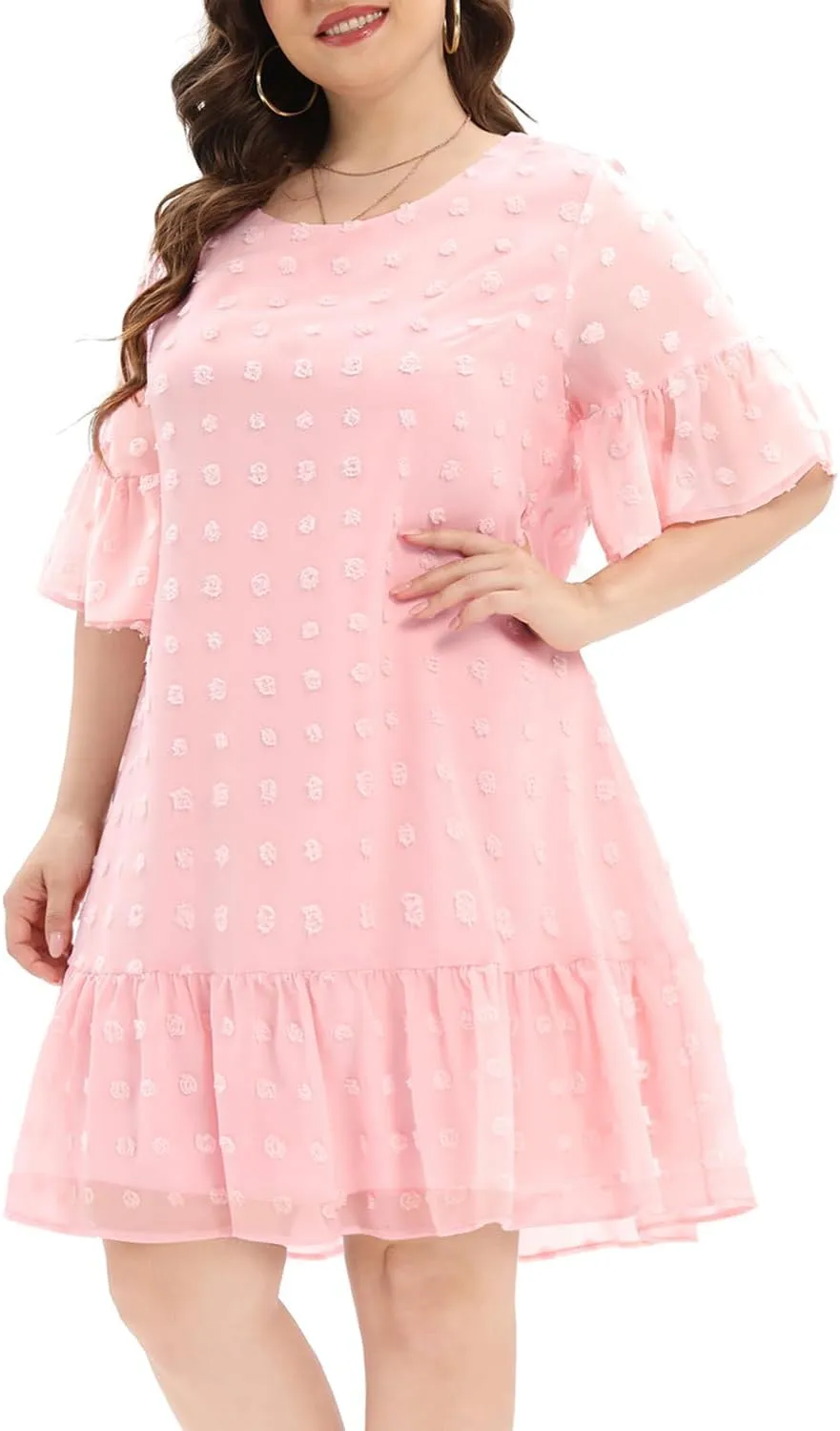 Women's Plus Size Swiss Dot Short Sleeve Ruffle Cute Summer Chiffon Loose Flowy Shift Mini Dress