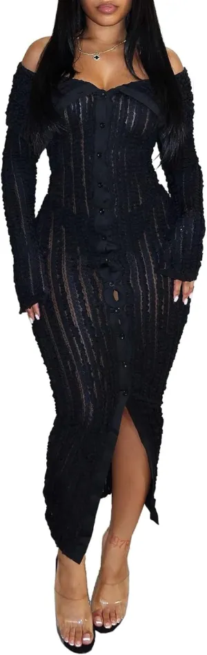 Womens Sexy Off Shoulder Maxi Dress Pleated See Through Flare Sleeve Button Down Slit Bodycon Long Dresses