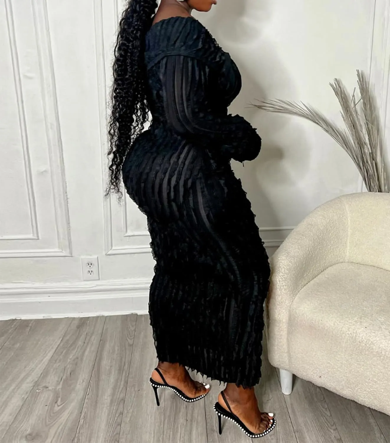 Womens Sexy Off Shoulder Maxi Dress Pleated See Through Flare Sleeve Button Down Slit Bodycon Long Dresses