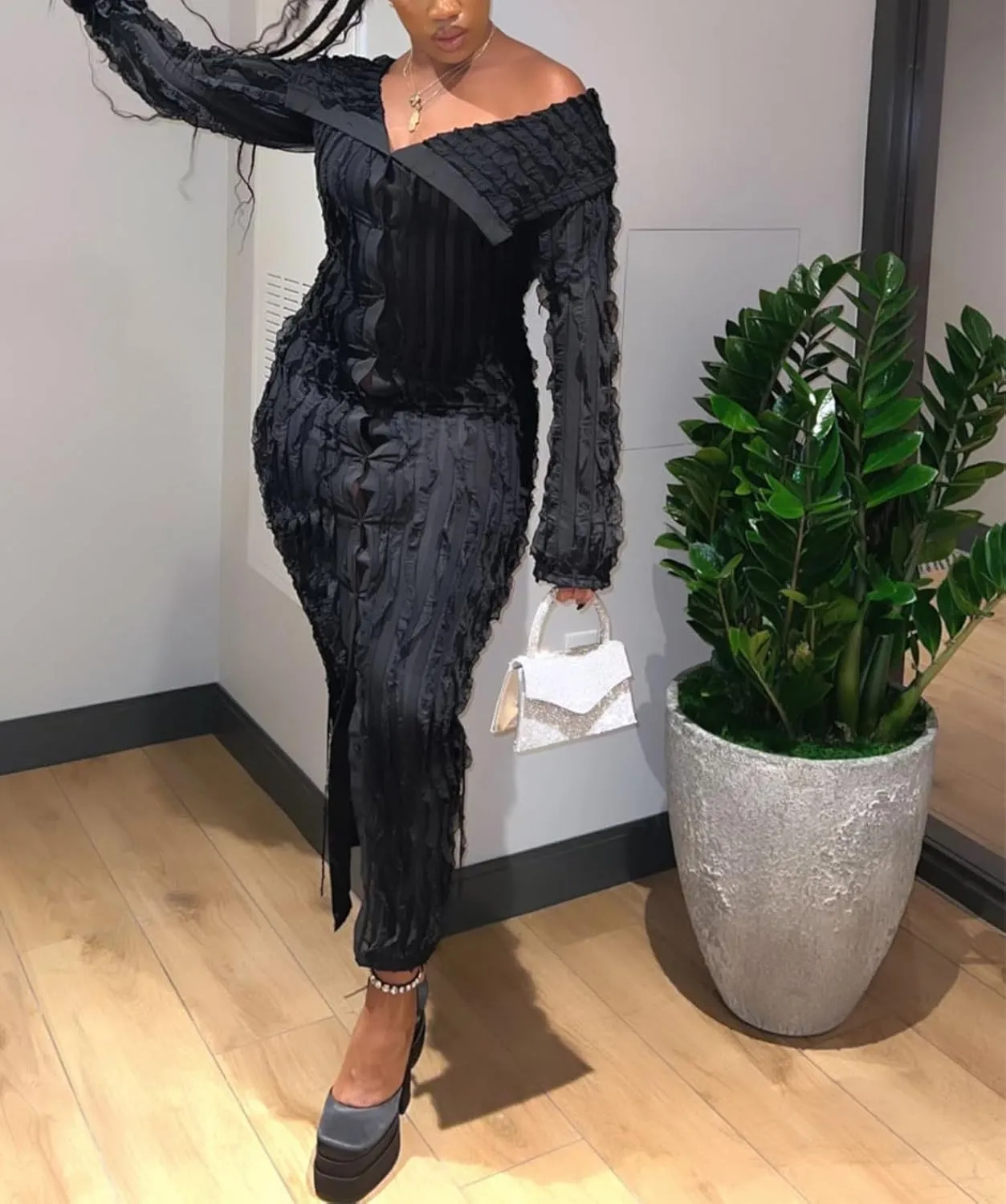 Womens Sexy Off Shoulder Maxi Dress Pleated See Through Flare Sleeve Button Down Slit Bodycon Long Dresses