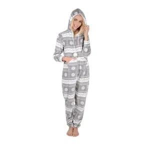 Womens Snowflake Hooded Fleece All In One Pyjamas Nightwear