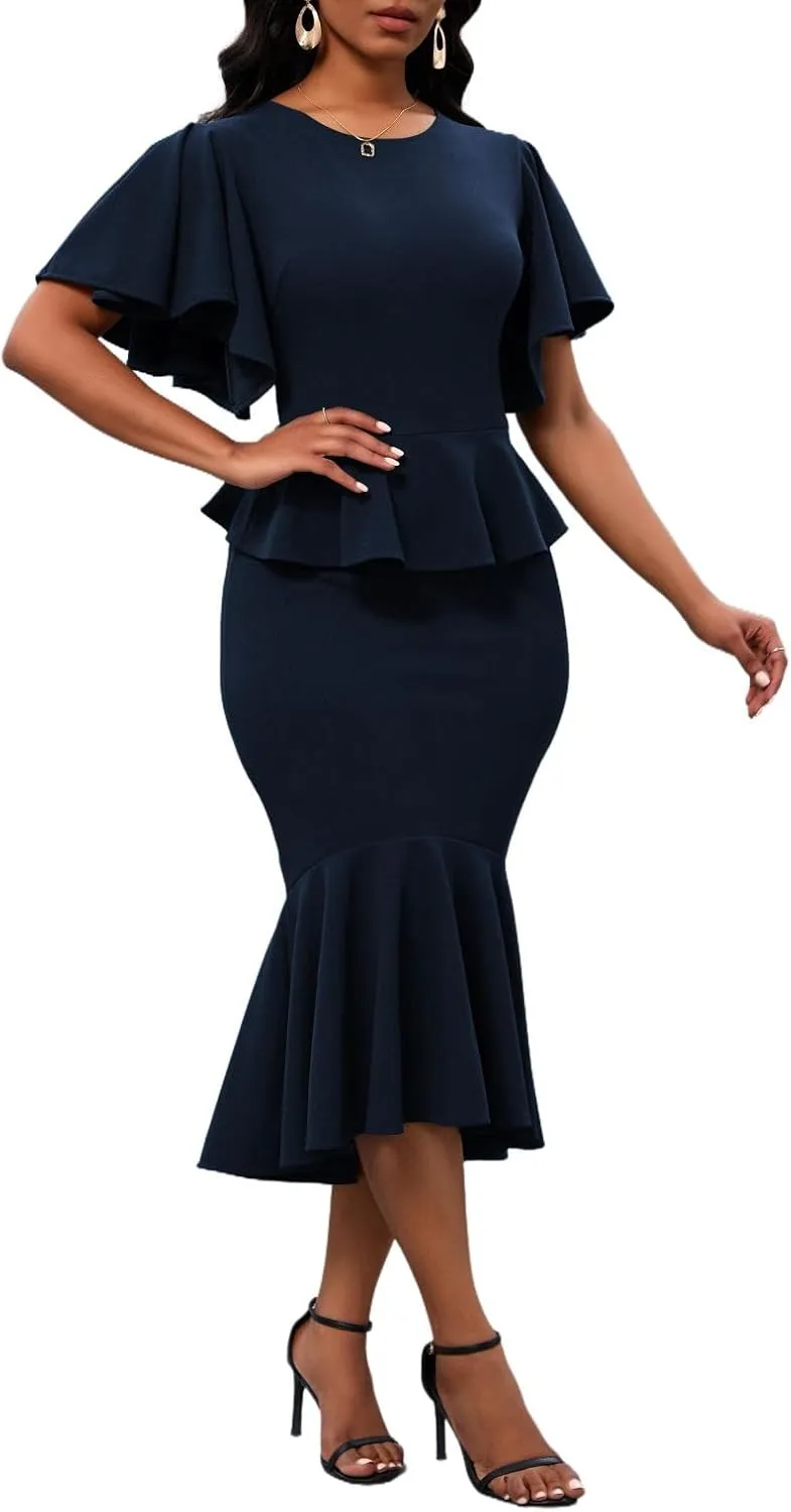 Womens Summer Ruffle Short Sleeve Fishtail Dress Evening Cocktail Formal Peplum Midi Mermaid Dresses Elegant