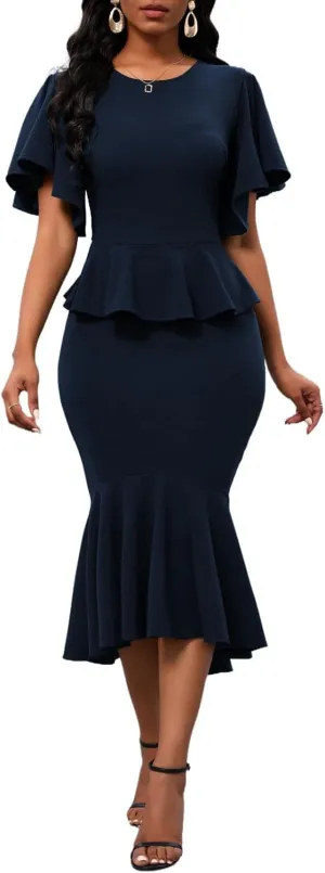 Womens Summer Ruffle Short Sleeve Fishtail Dress Evening Cocktail Formal Peplum Midi Mermaid Dresses Elegant