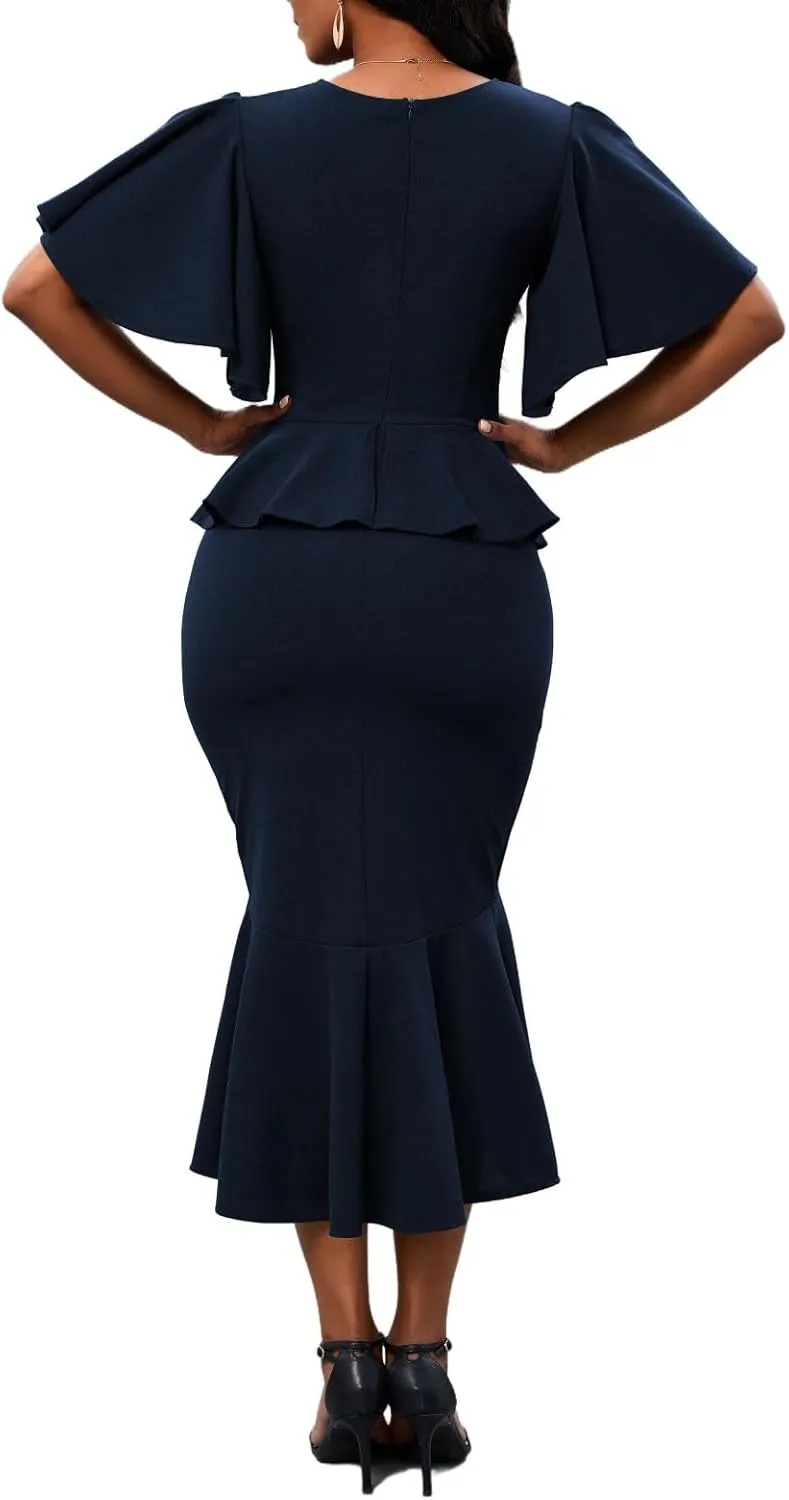 Womens Summer Ruffle Short Sleeve Fishtail Dress Evening Cocktail Formal Peplum Midi Mermaid Dresses Elegant