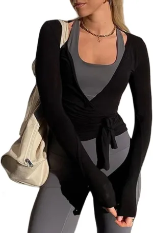 Womens Wrap Top Long Sleeve Tie Front Workout Ballet Pilates Yoga Shirt