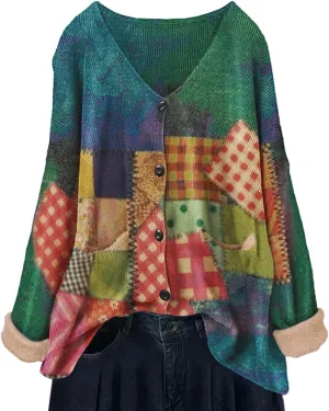 YESNO Women's Fall V-Neck Cardigan Sweaters Casual Graphic Oversized Open Front Button Down Long Sleeves Knit Tops SCV