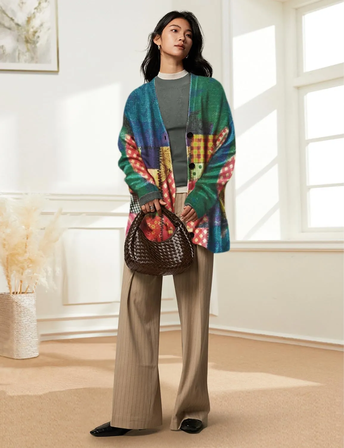 YESNO Women's Fall V-Neck Cardigan Sweaters Casual Graphic Oversized Open Front Button Down Long Sleeves Knit Tops SCV
