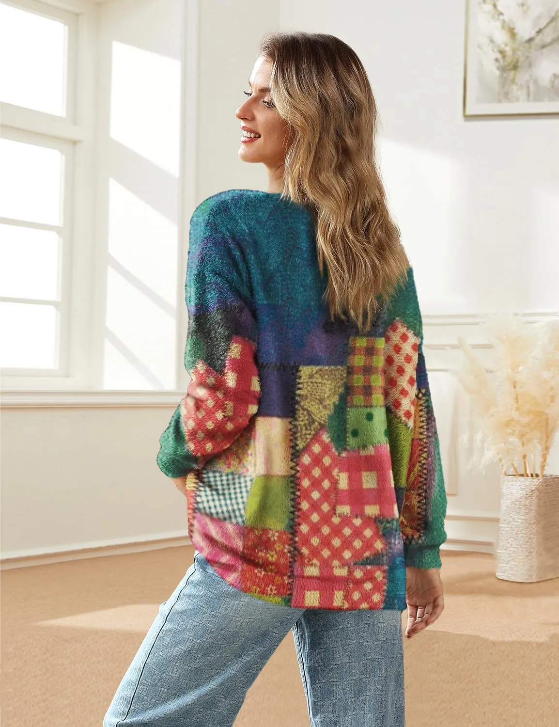 YESNO Women's Fall V-Neck Cardigan Sweaters Casual Graphic Oversized Open Front Button Down Long Sleeves Knit Tops SCV