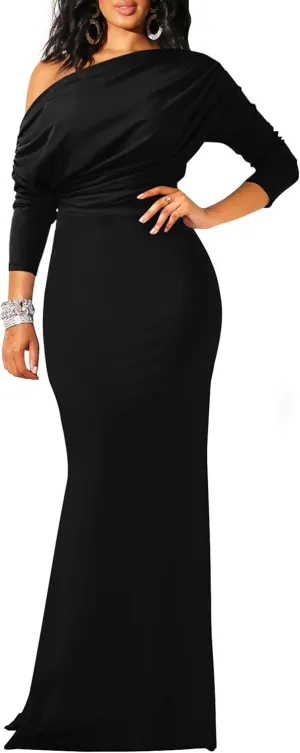 YMDUCH Women's Sexy Elegant Long Sleeve Off Shoulder Bodycon Long Evening Formal Dress
