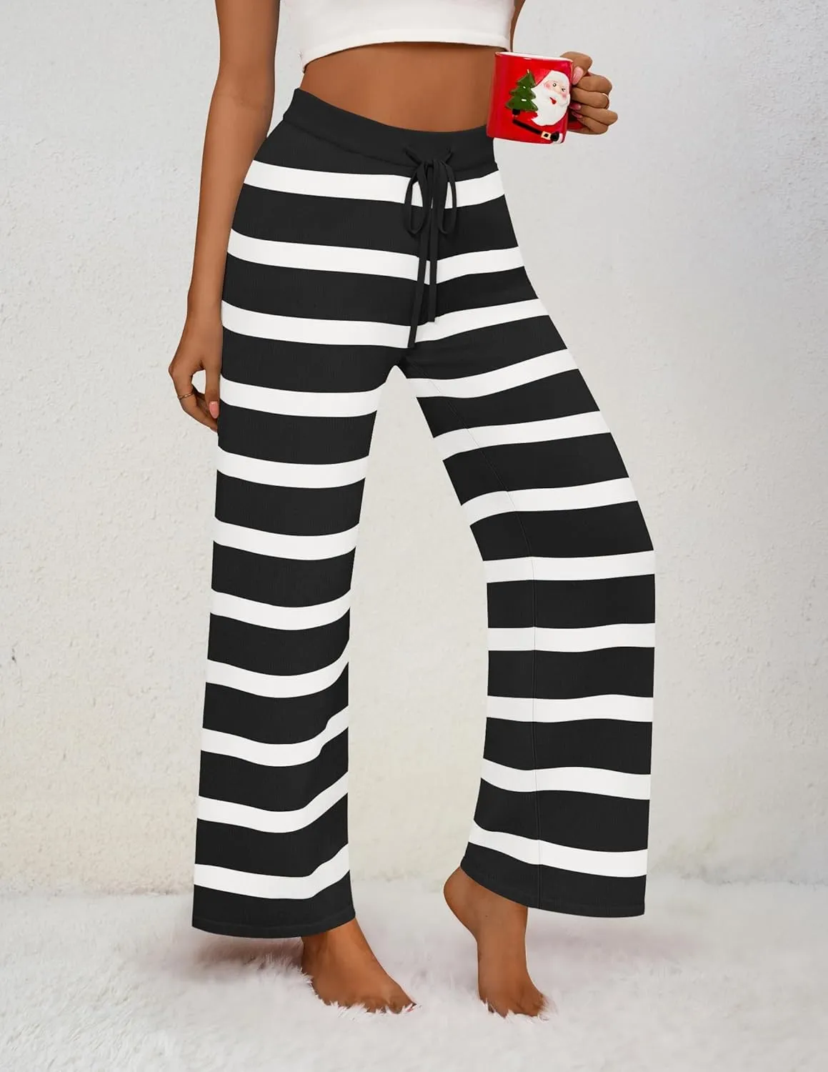 ZESICA Womens Casual Striped Wide Leg Pants Elastic Waist Drawstring Knit Loose Soft Pajama Lounge Pants Fall Clothes