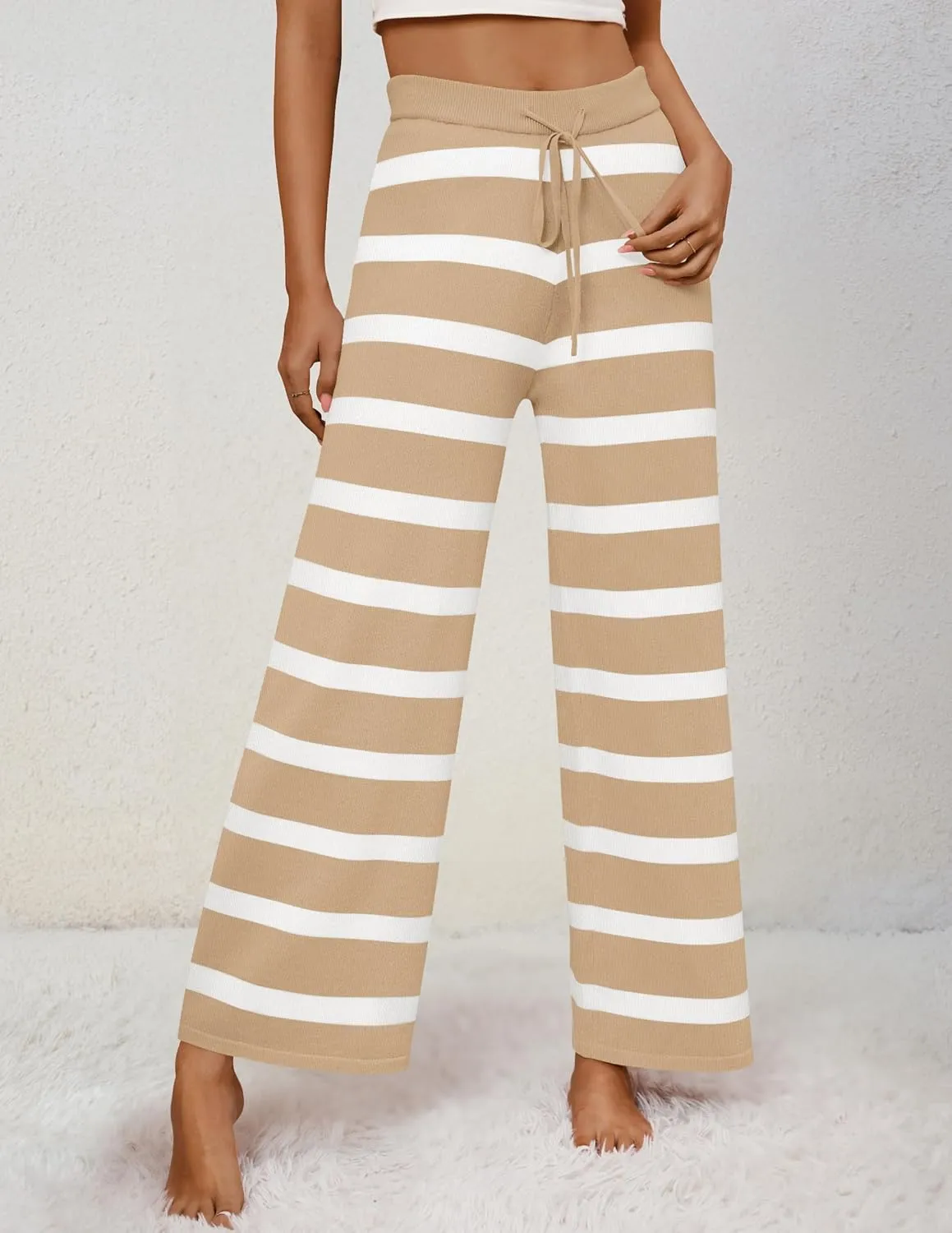 ZESICA Womens Casual Striped Wide Leg Pants Elastic Waist Drawstring Knit Loose Soft Pajama Lounge Pants Fall Clothes