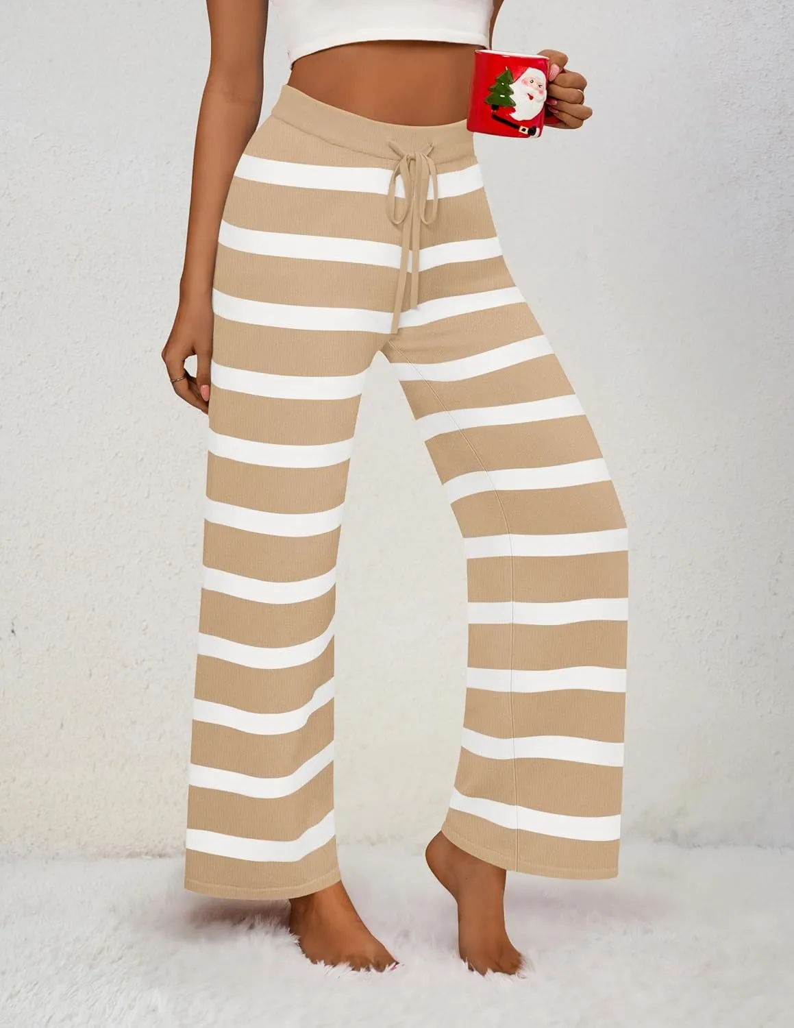 ZESICA Womens Casual Striped Wide Leg Pants Elastic Waist Drawstring Knit Loose Soft Pajama Lounge Pants Fall Clothes