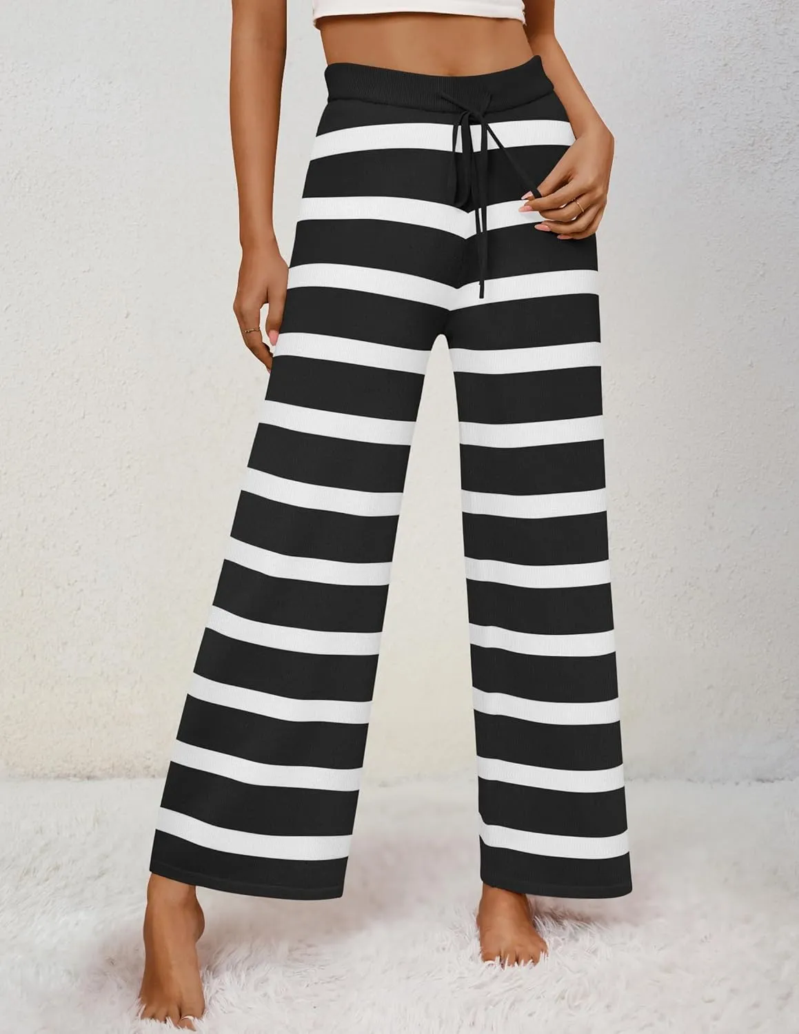 ZESICA Womens Casual Striped Wide Leg Pants Elastic Waist Drawstring Knit Loose Soft Pajama Lounge Pants Fall Clothes
