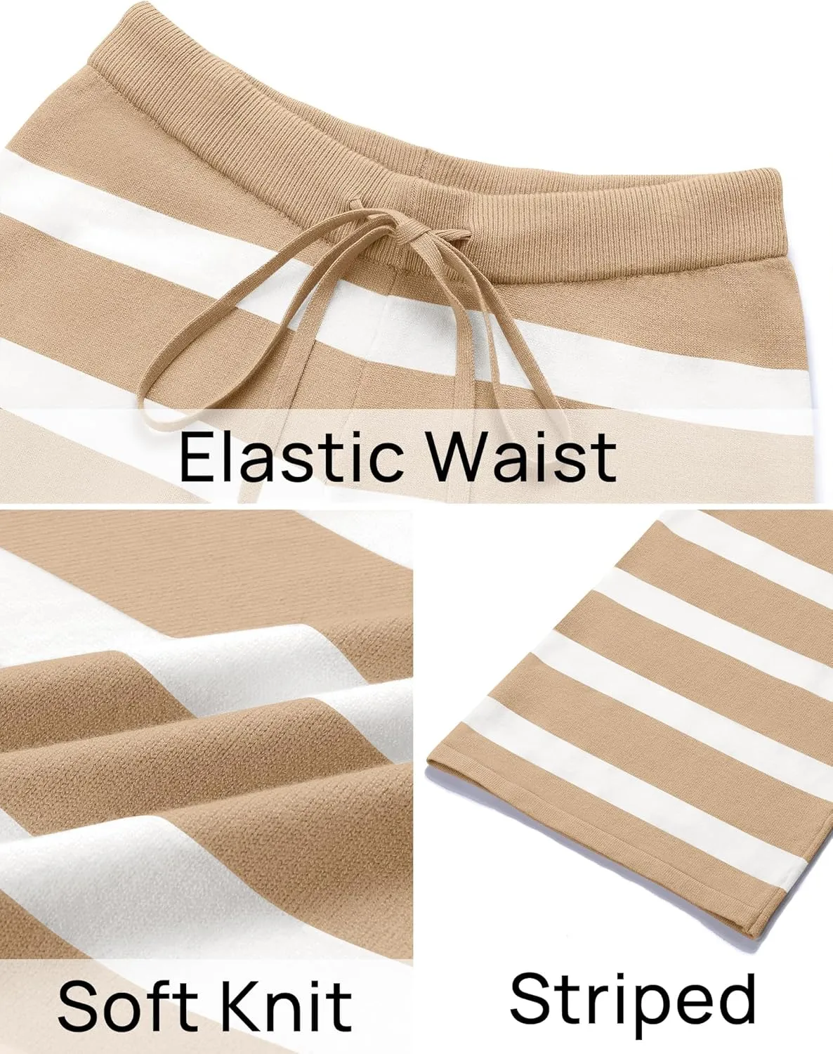 ZESICA Womens Casual Striped Wide Leg Pants Elastic Waist Drawstring Knit Loose Soft Pajama Lounge Pants Fall Clothes