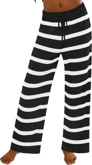 ZESICA Womens Casual Striped Wide Leg Pants Elastic Waist Drawstring Knit Loose Soft Pajama Lounge Pants Fall Clothes