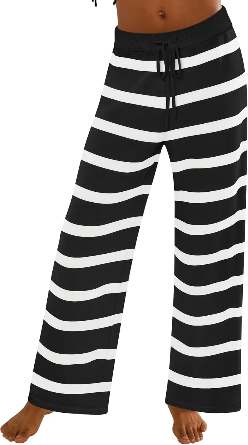 ZESICA Womens Casual Striped Wide Leg Pants Elastic Waist Drawstring Knit Loose Soft Pajama Lounge Pants Fall Clothes