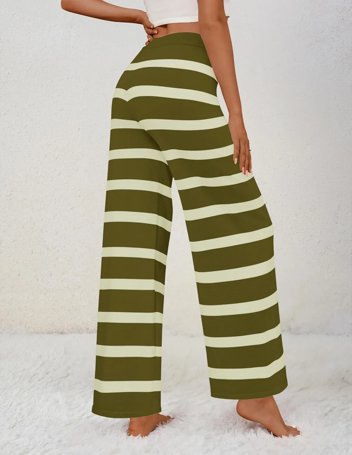 ZESICA Womens Casual Striped Wide Leg Pants Elastic Waist Drawstring Knit Loose Soft Pajama Lounge Pants Fall Clothes