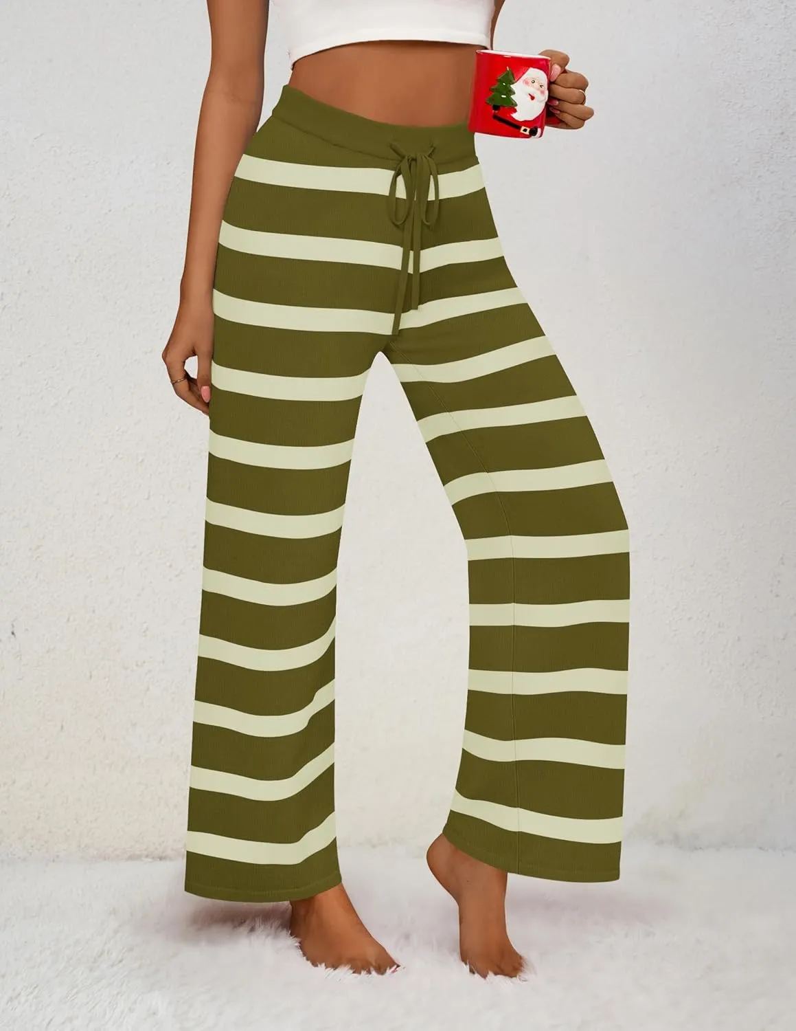 ZESICA Womens Casual Striped Wide Leg Pants Elastic Waist Drawstring Knit Loose Soft Pajama Lounge Pants Fall Clothes