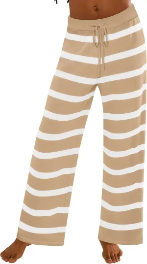 ZESICA Womens Casual Striped Wide Leg Pants Elastic Waist Drawstring Knit Loose Soft Pajama Lounge Pants Fall Clothes